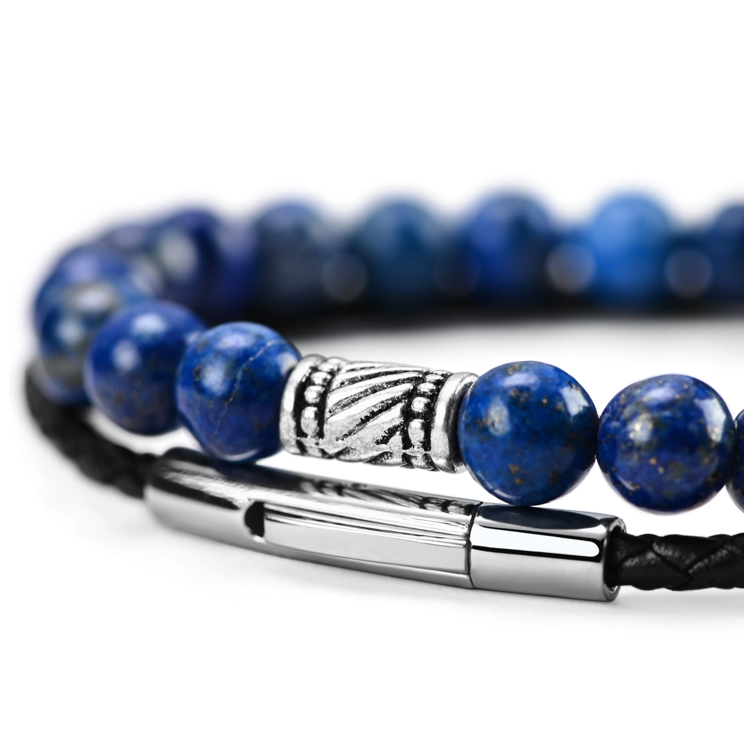 Blue Marble & Braided Leather Band Bracelet Set - Image 3