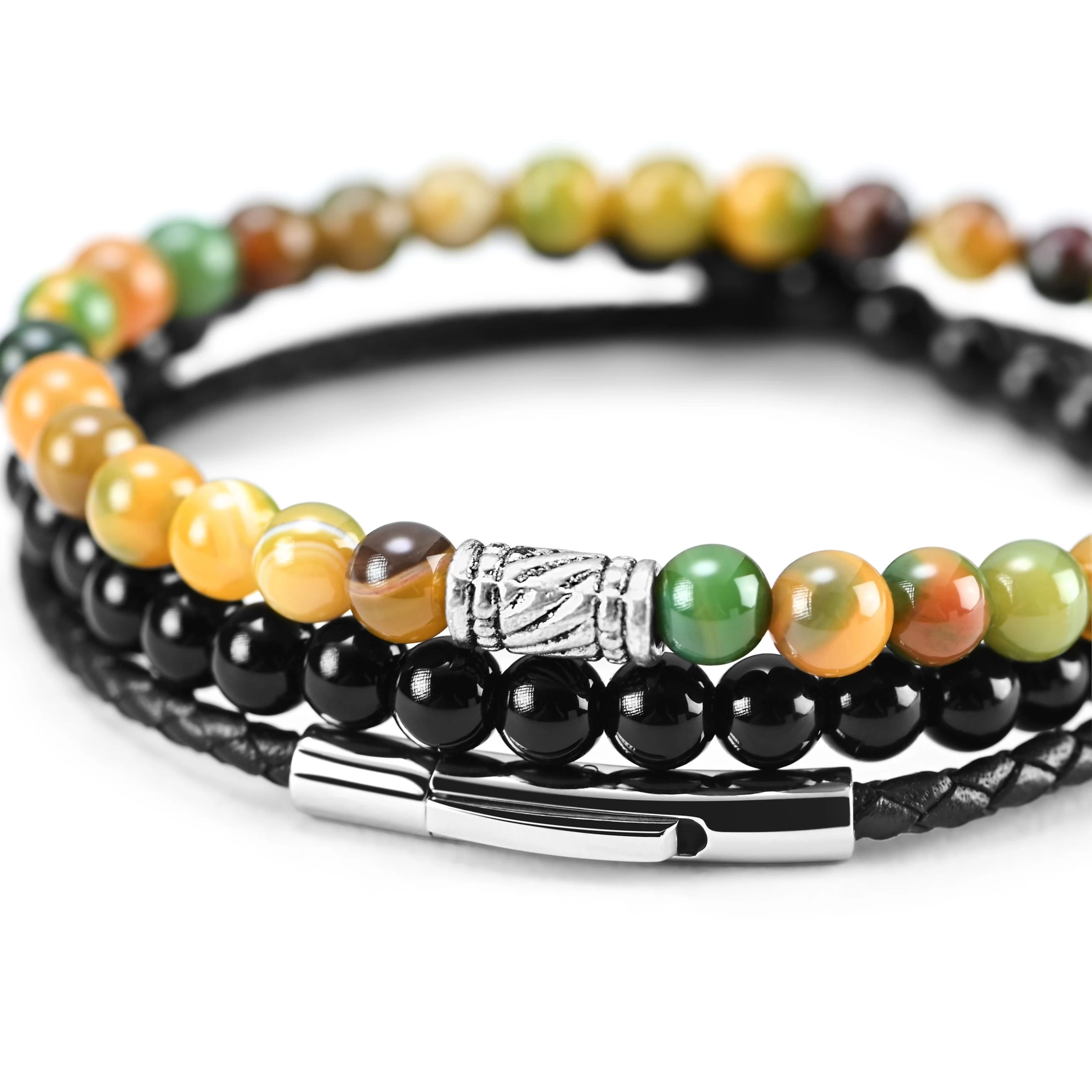 Black & Striped Agate & Leather Bracelet Set - Image 3