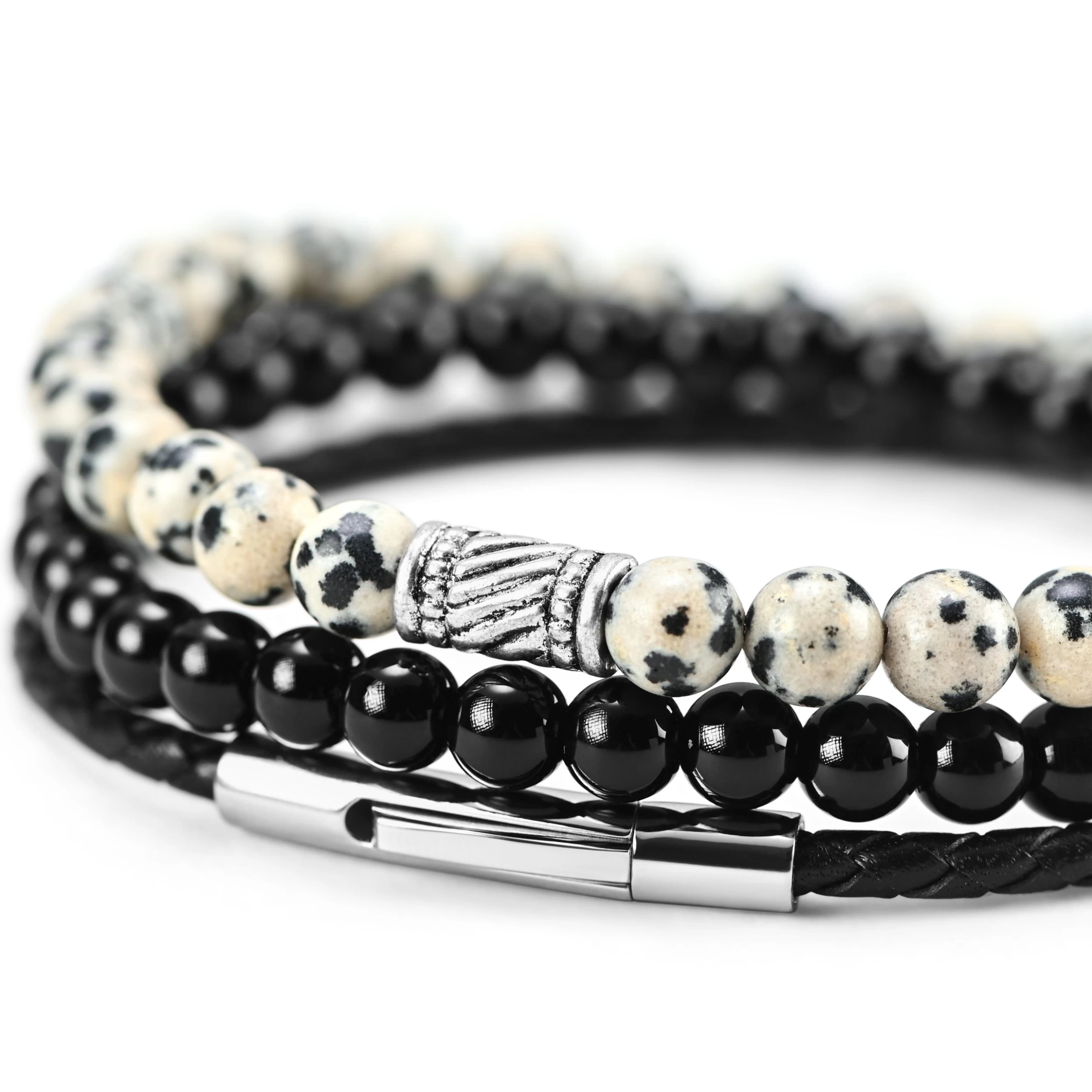 Black & White Natural Stone & Leather Bracelet Set - Image 3