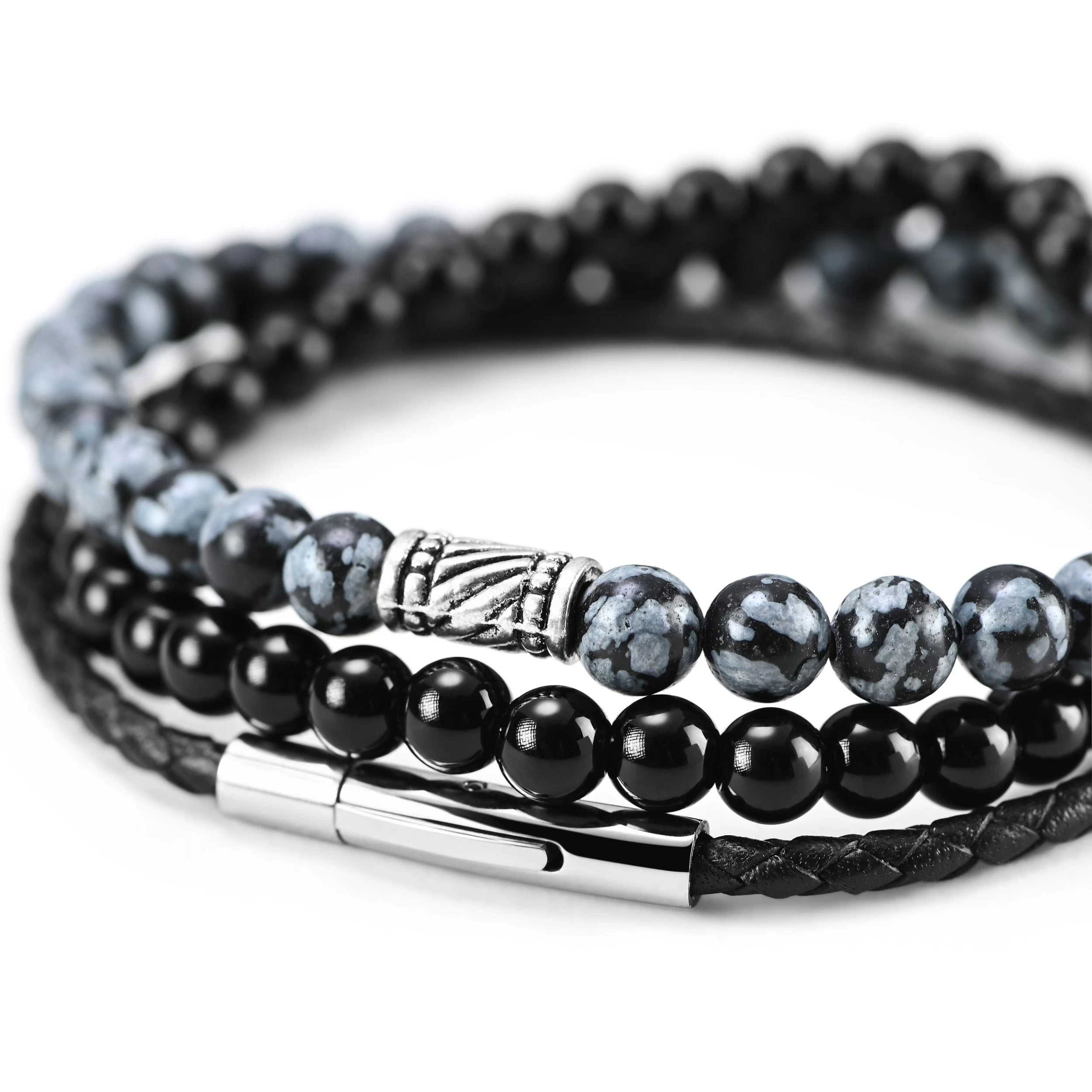 Black & Natural Agate & Leather Bracelet Set - Image 3