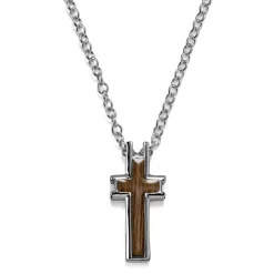 Silver-Tone Stainless Steel & Brown Cross Cable Chain Necklace