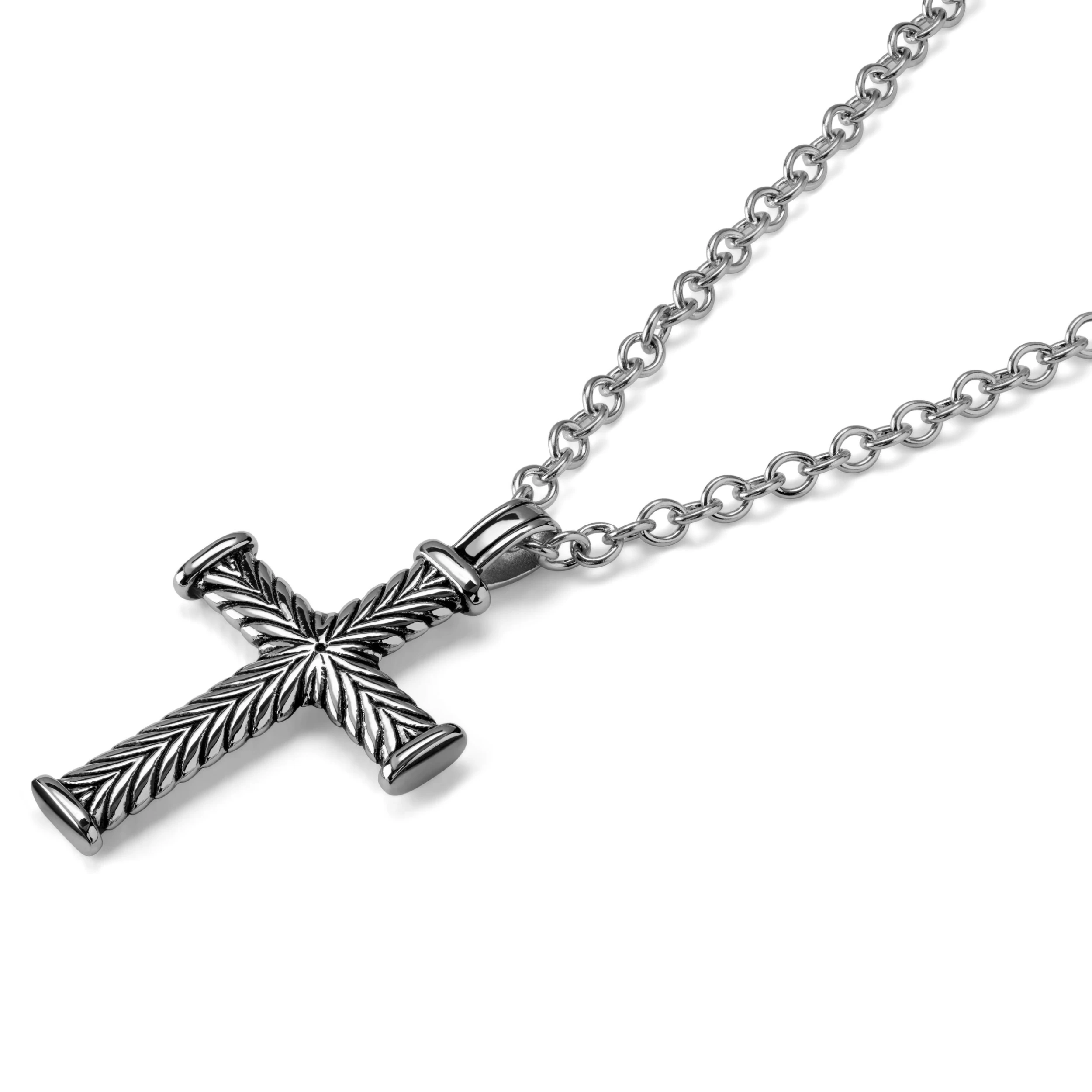 Silver-Tone Stainless Steel With Leaf Cross Cable Chain Necklace - Image 2