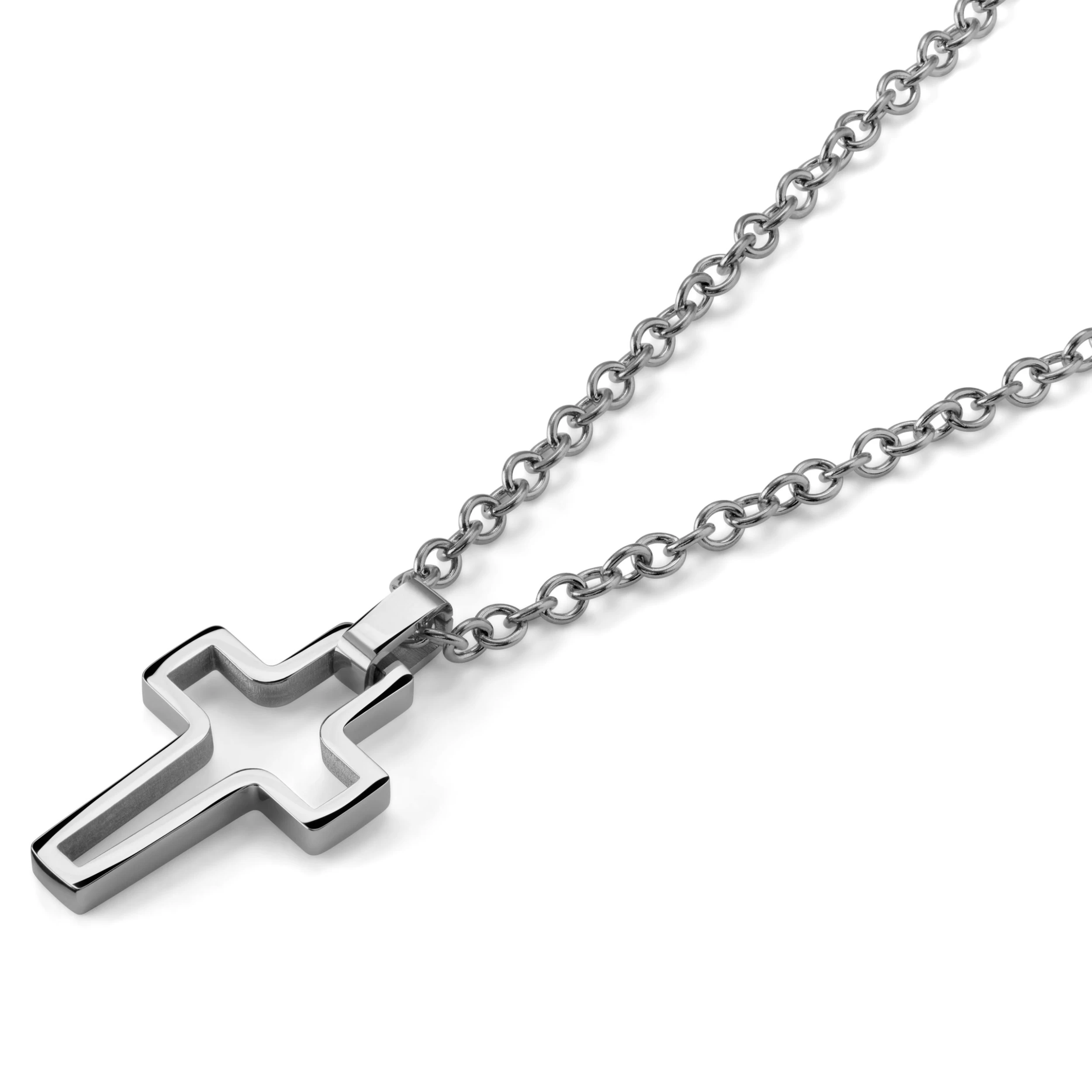 Silver-Tone Stainless Steel Hollow Cross Cable Chain Necklace - Image 2
