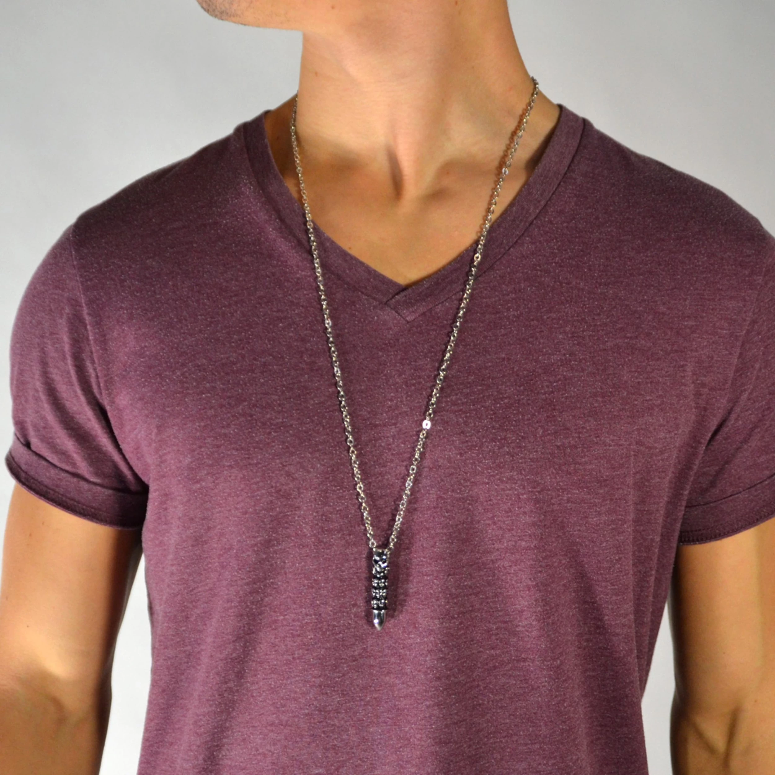 Silver-Tone Stainless Steel Skulls Pattern Bullet Cable Chain Necklace - Image 3