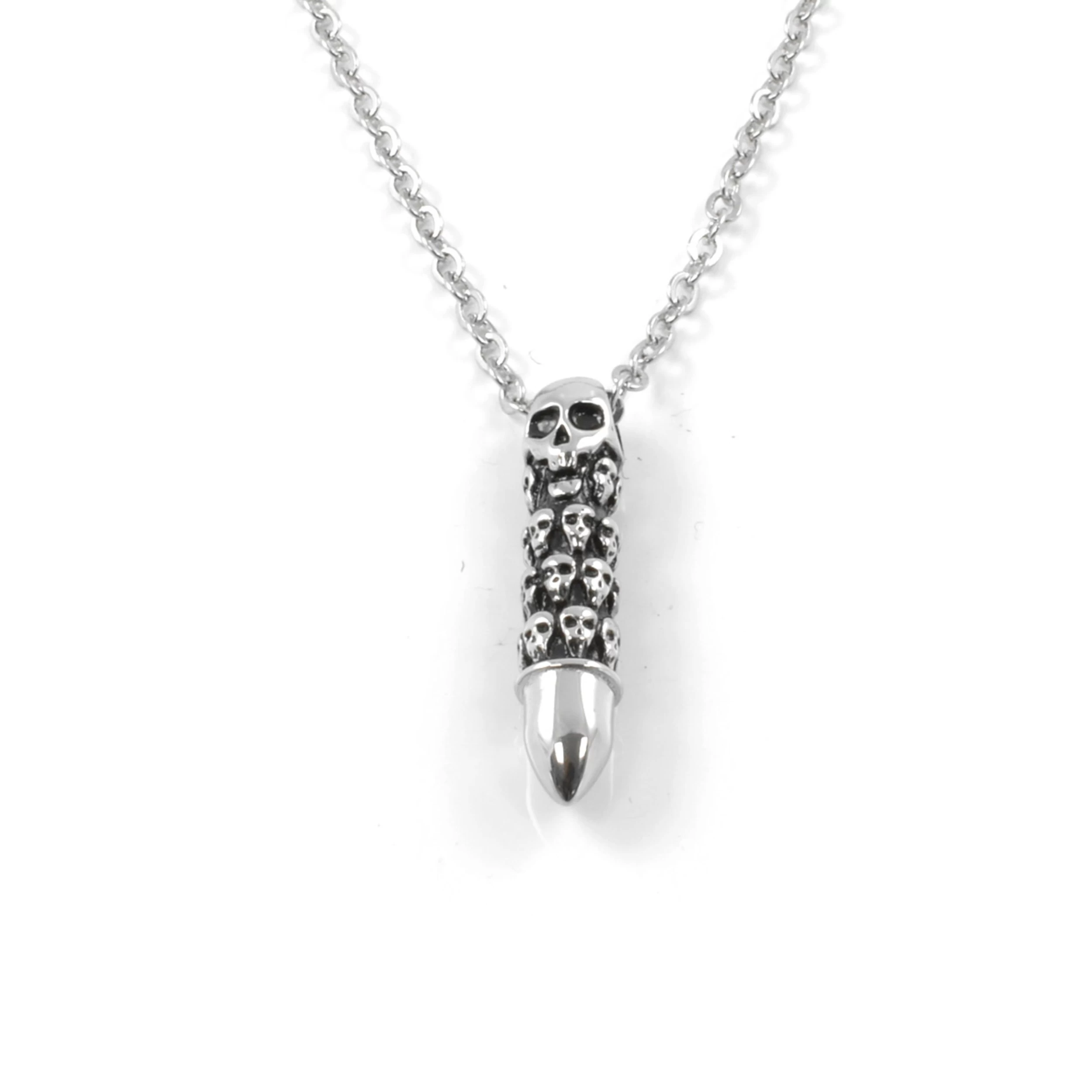Silver-Tone Stainless Steel Skulls Pattern Bullet Cable Chain Necklace