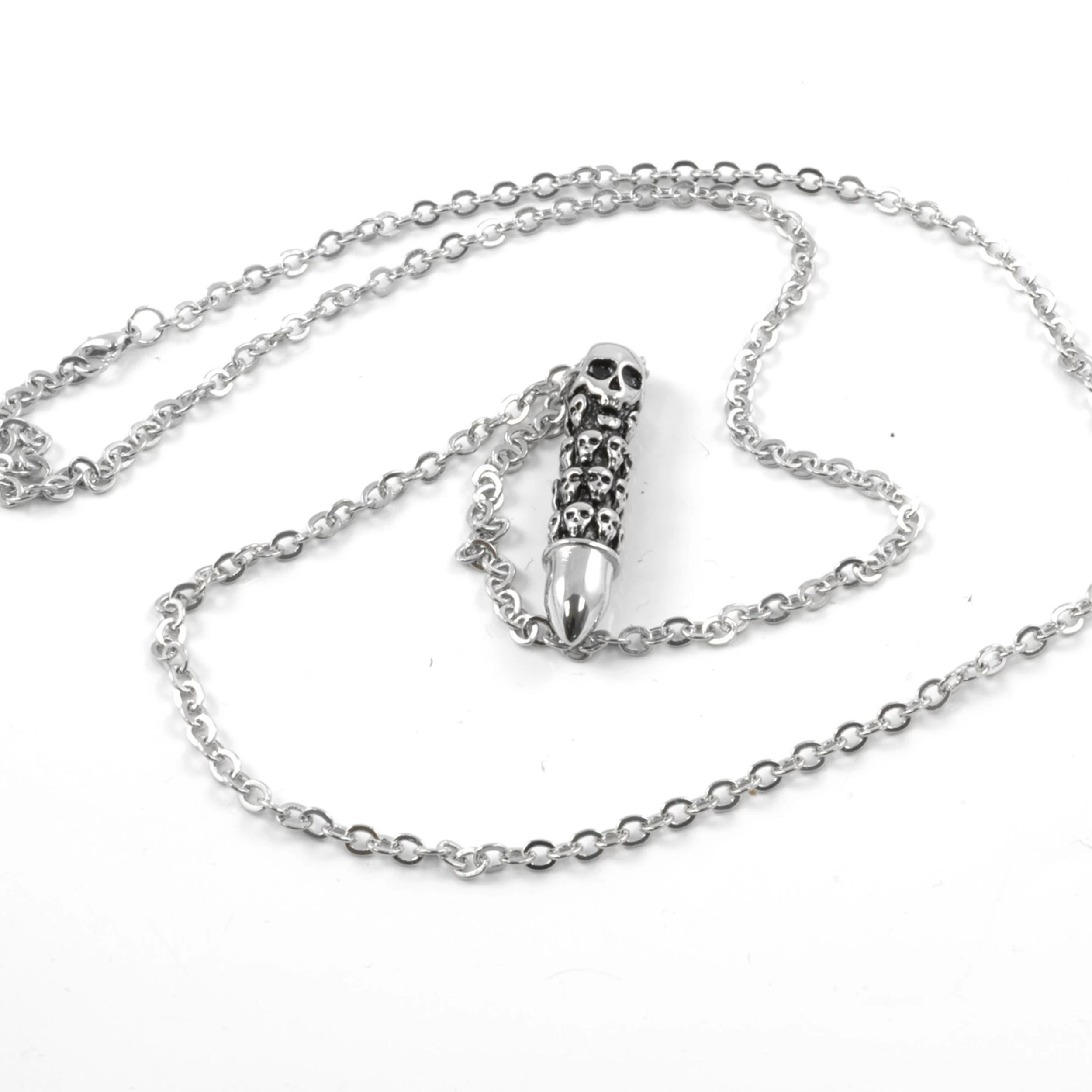 Silver-Tone Stainless Steel Skulls Pattern Bullet Cable Chain Necklace - Image 2