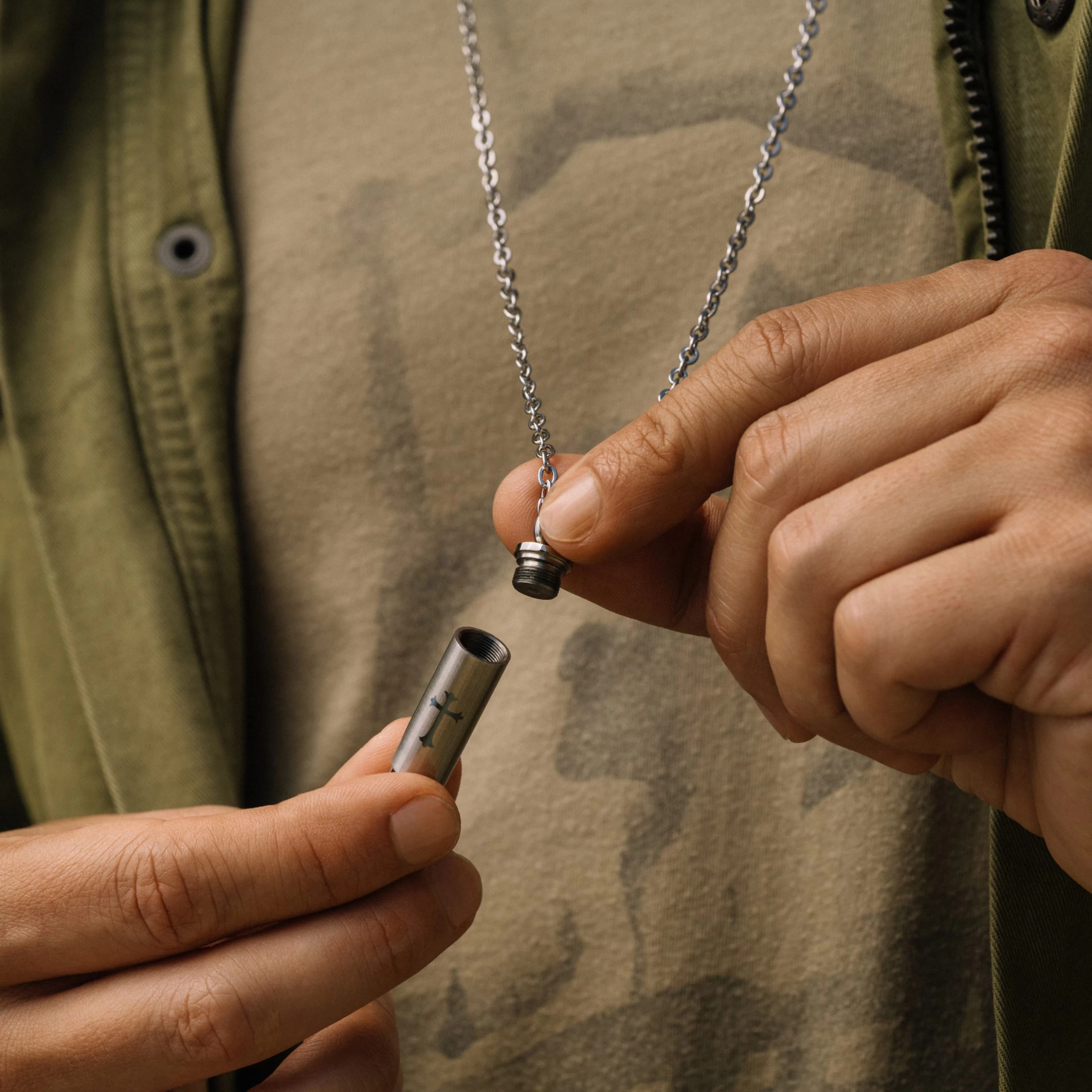 Silver-Tone Stainless Steel Secret Compartment With Cross Cable Chain Necklace - Image 4