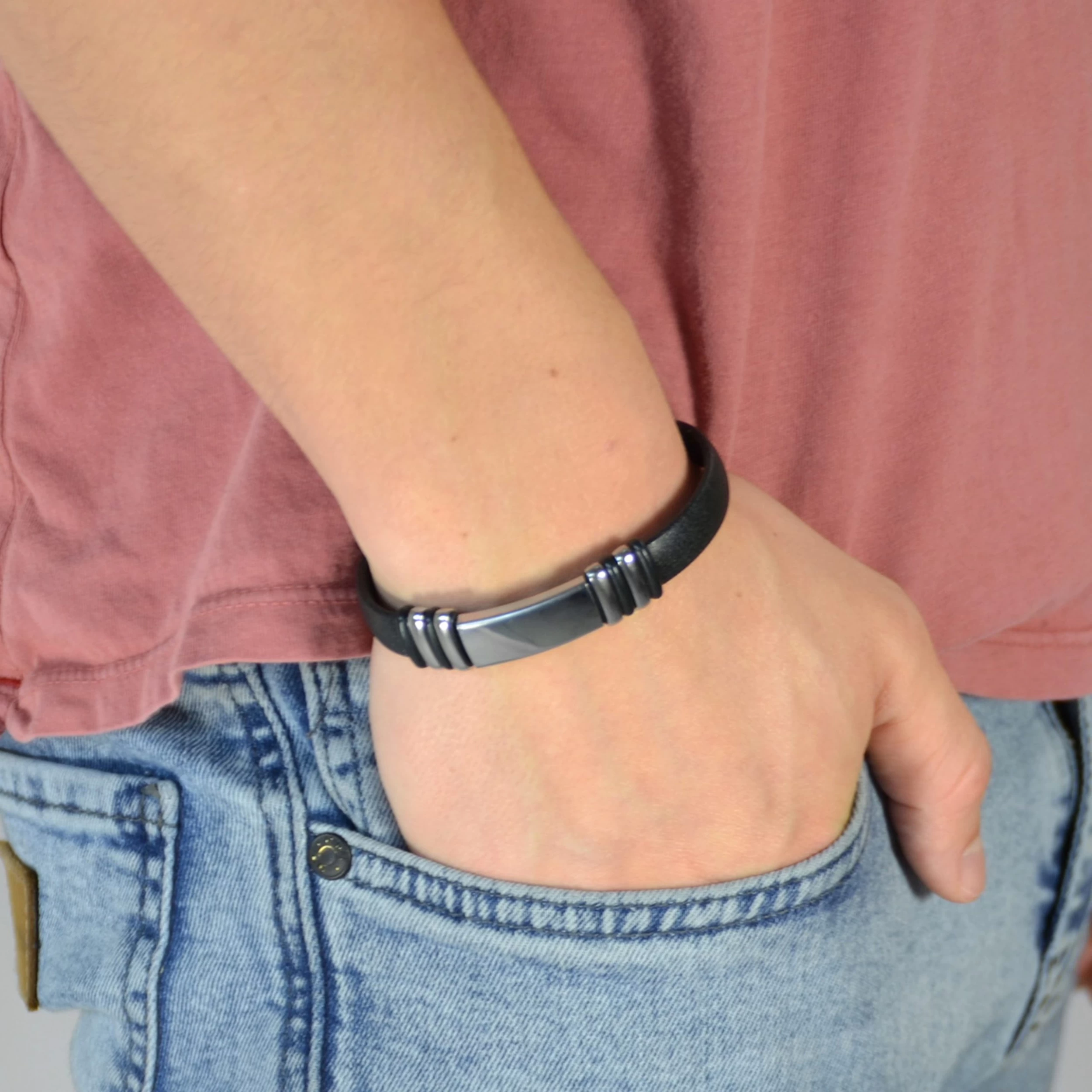 Black Glossy Rubber & Stainless Steel Bracelet - Image 3
