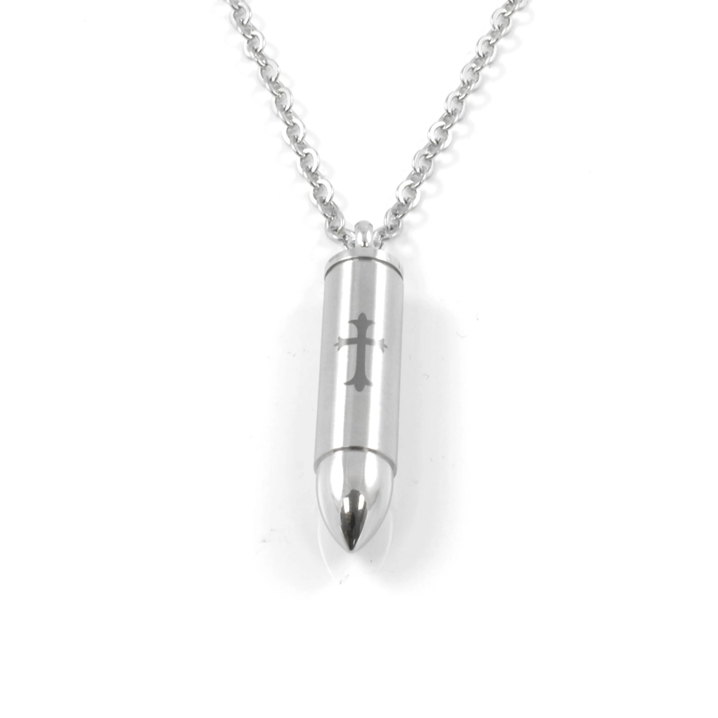 Silver-Tone Stainless Steel Secret Compartment With Cross Cable Chain Necklace