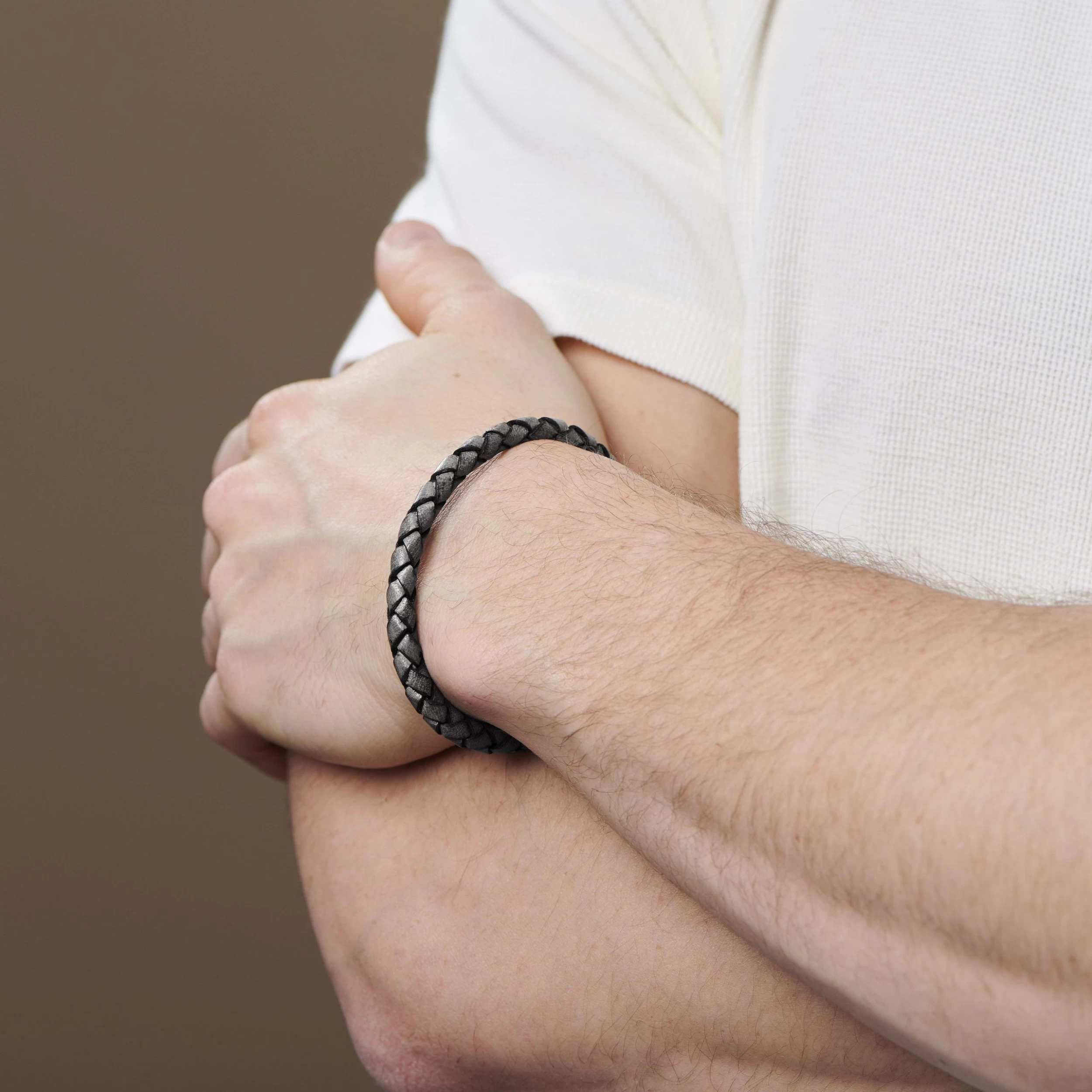 Grey & Black Braided Leather Cord Bracelet - Image 5