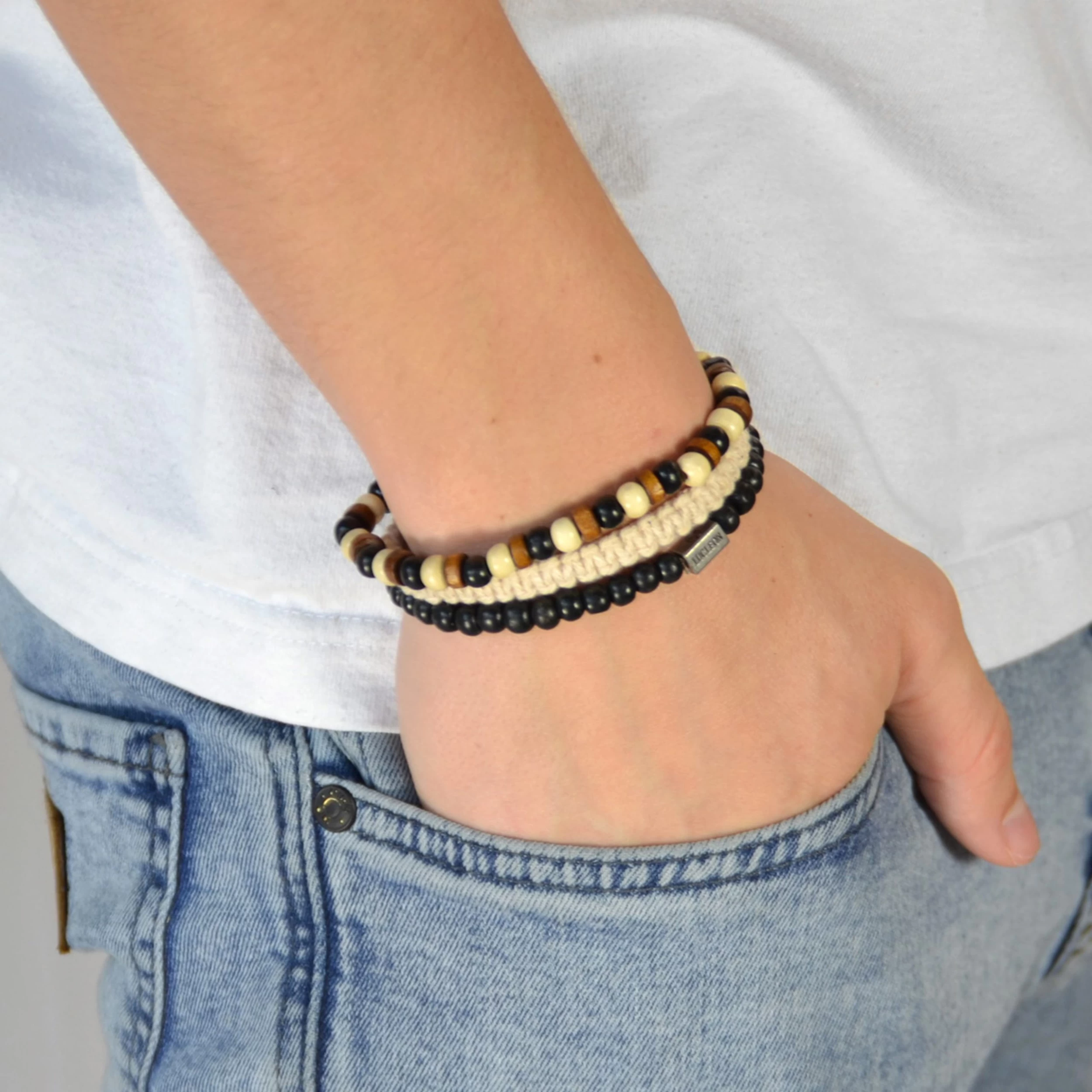 Black & Natural Wooden & Cotton Bracelet Set - Image 2