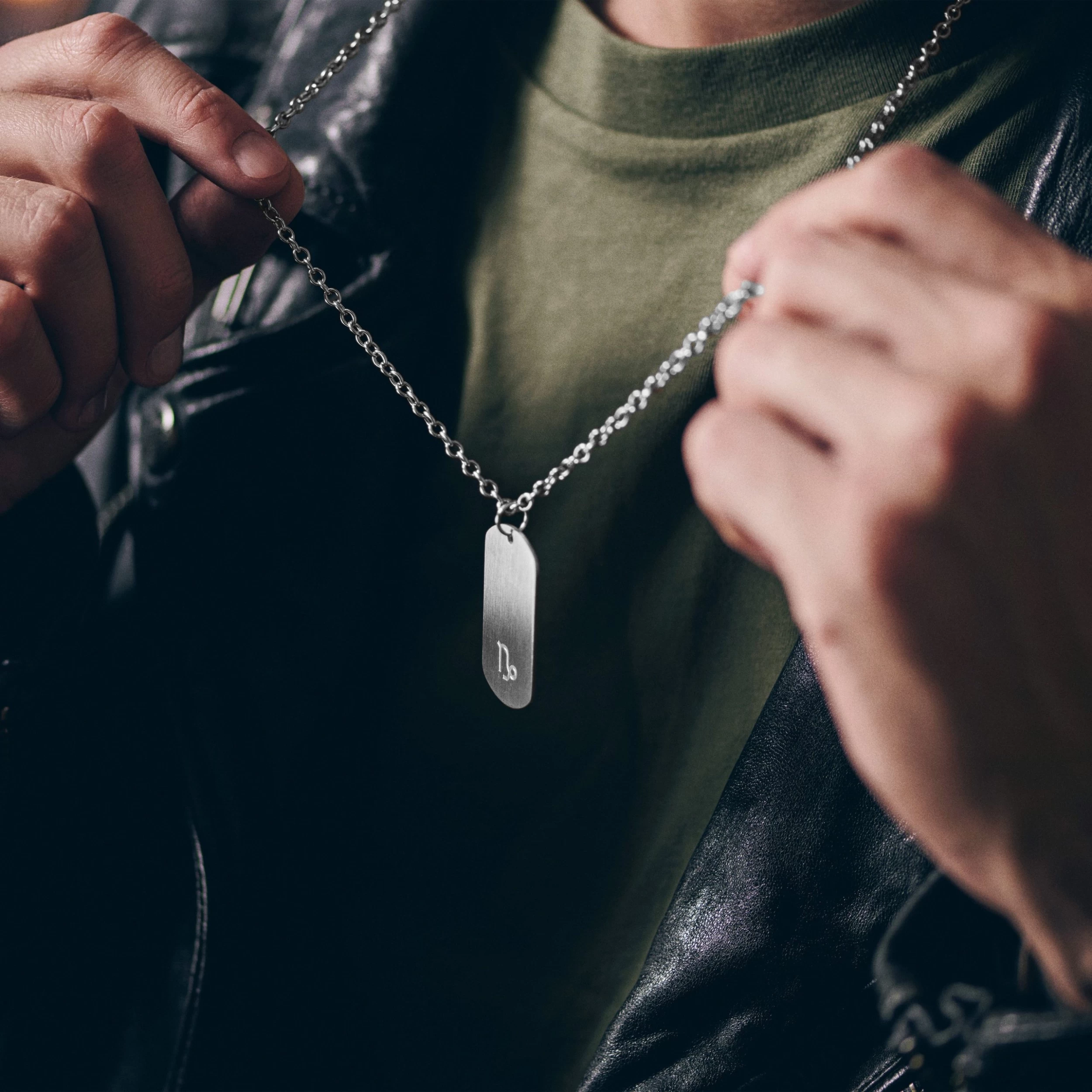 Zodiac | Silver-Tone Stainless Steel Capricorn Star Sign Dog Tag Cable Chain Necklace - Image 2