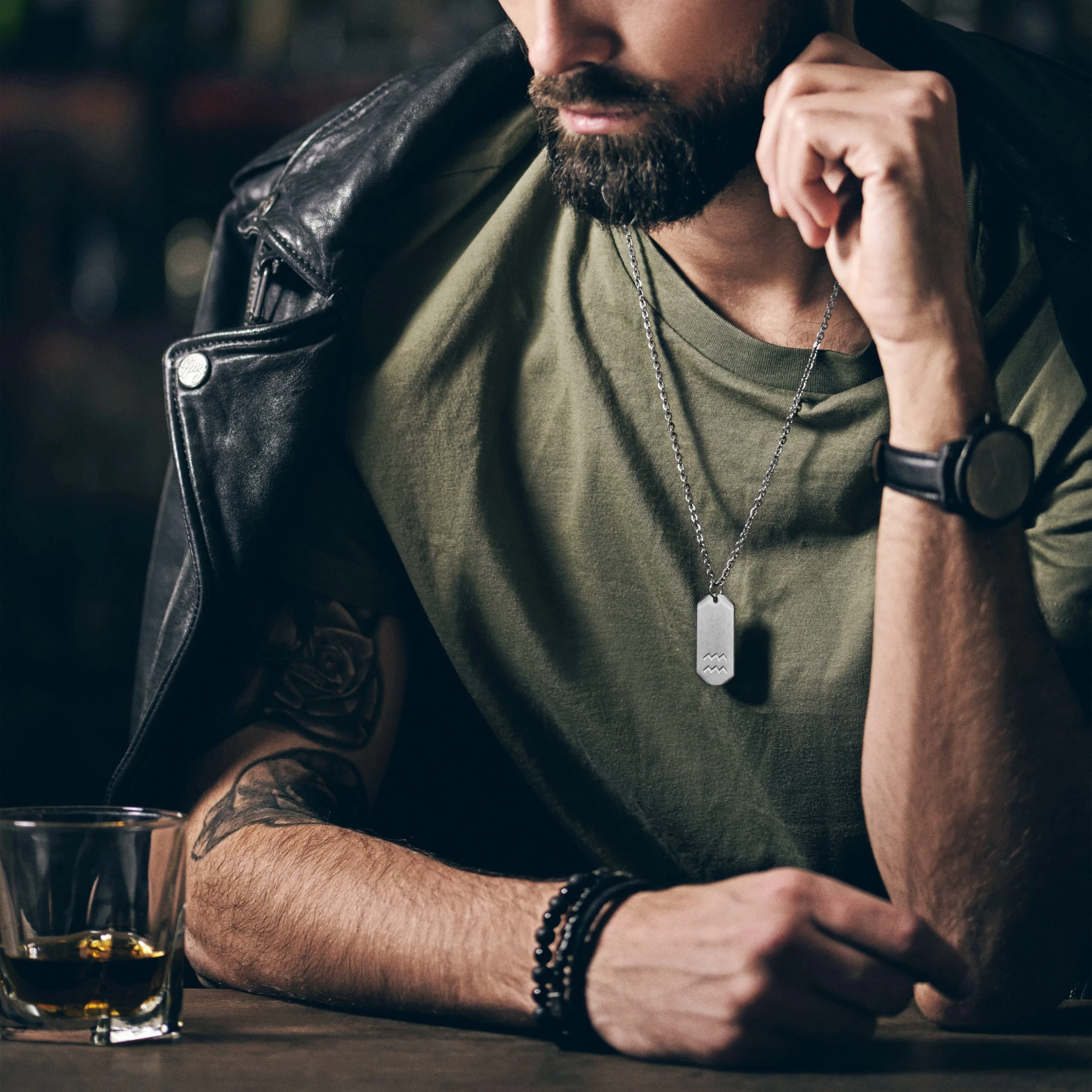 Zodiac | Silver-Tone Stainless Steel Aquarius Star Sign Dog Tag Cable Chain Necklace - Image 4