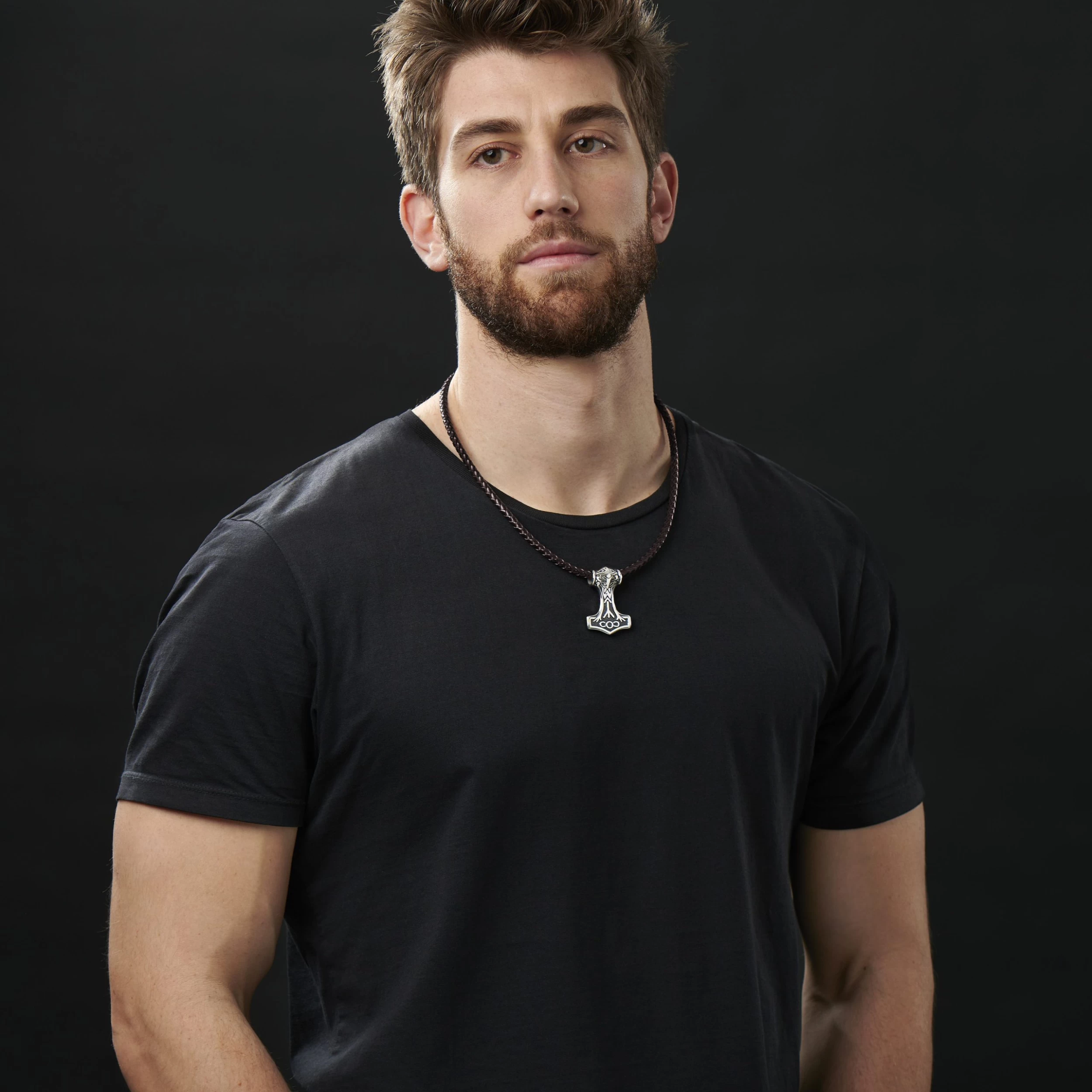 Brown Leather With Silver-Tone Stainless Steel Viking Hammer Necklace - Image 4