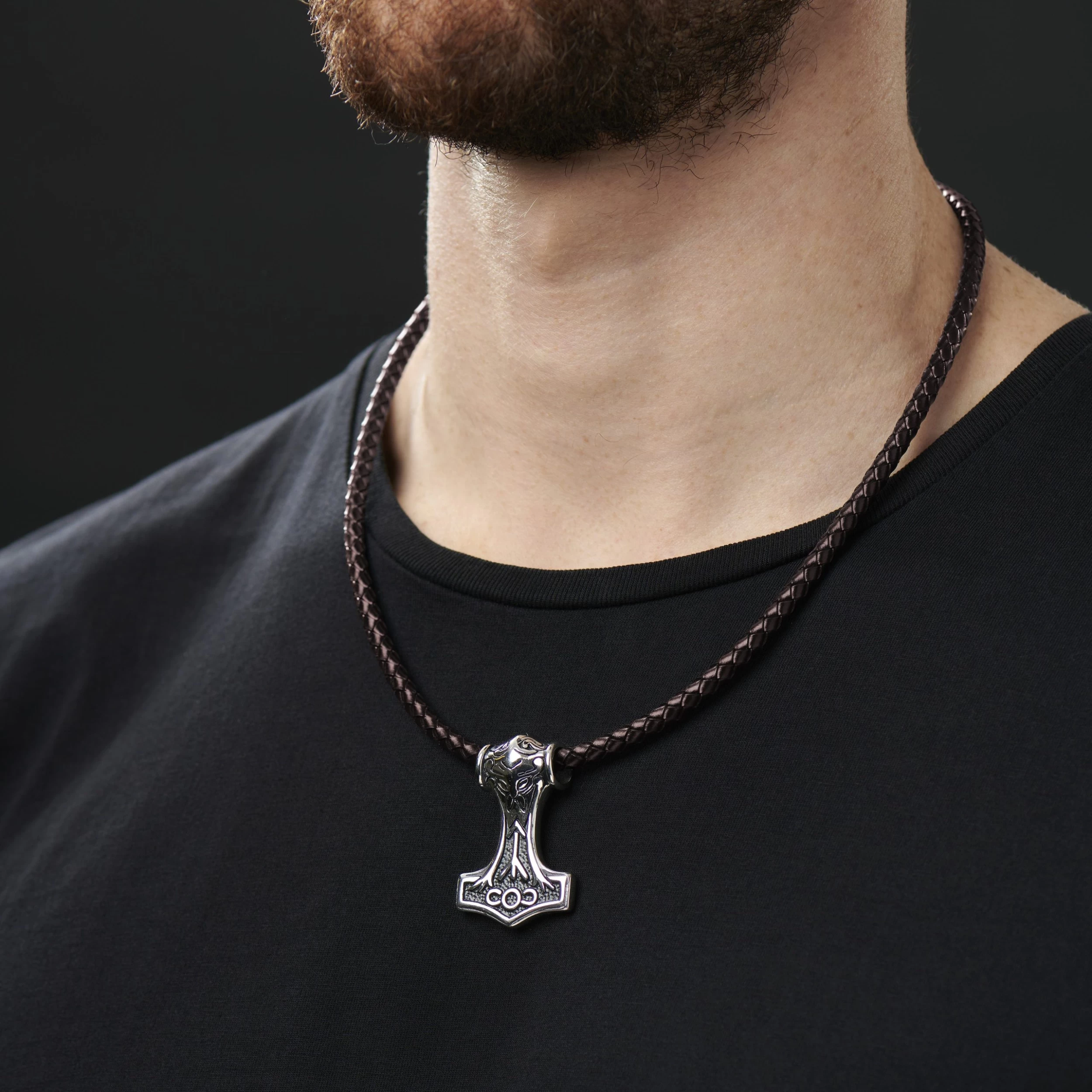 Brown Leather With Silver-Tone Stainless Steel Viking Hammer Necklace - Image 3