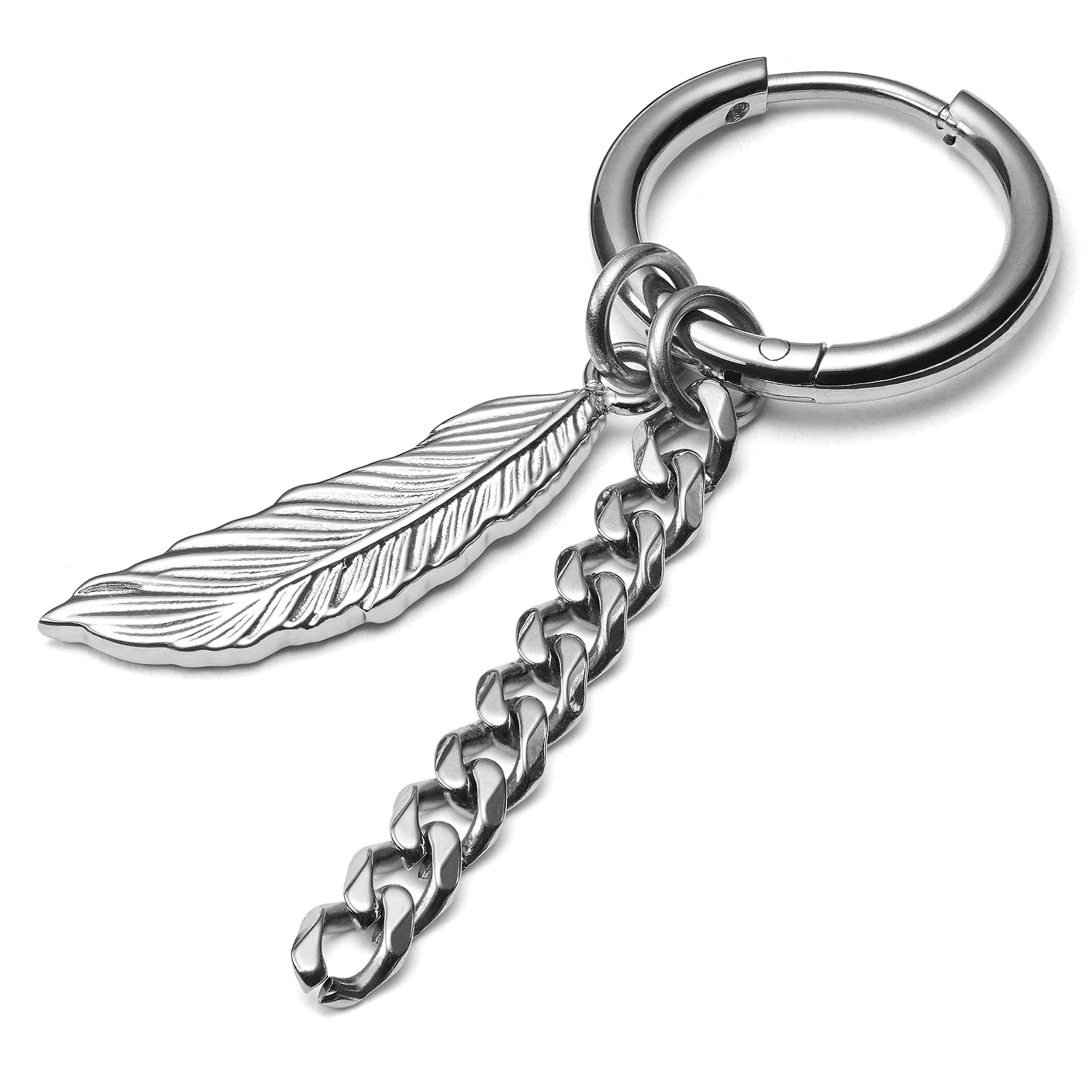 Silver-Tone Stainless Steel Feather & Chain Hoop Earring