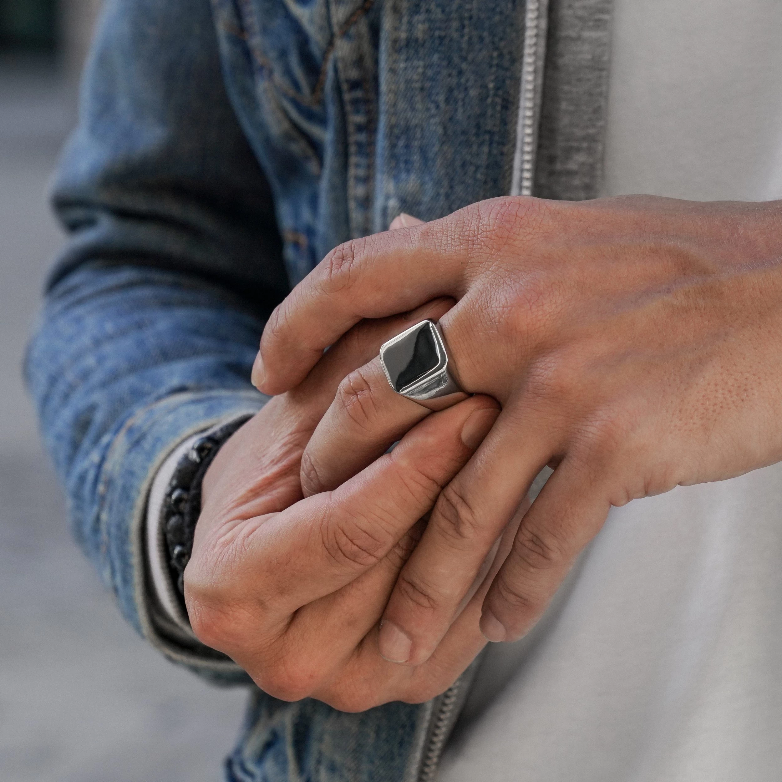 Silver-Tone Stainless Steel Square Signet Ring - Image 4