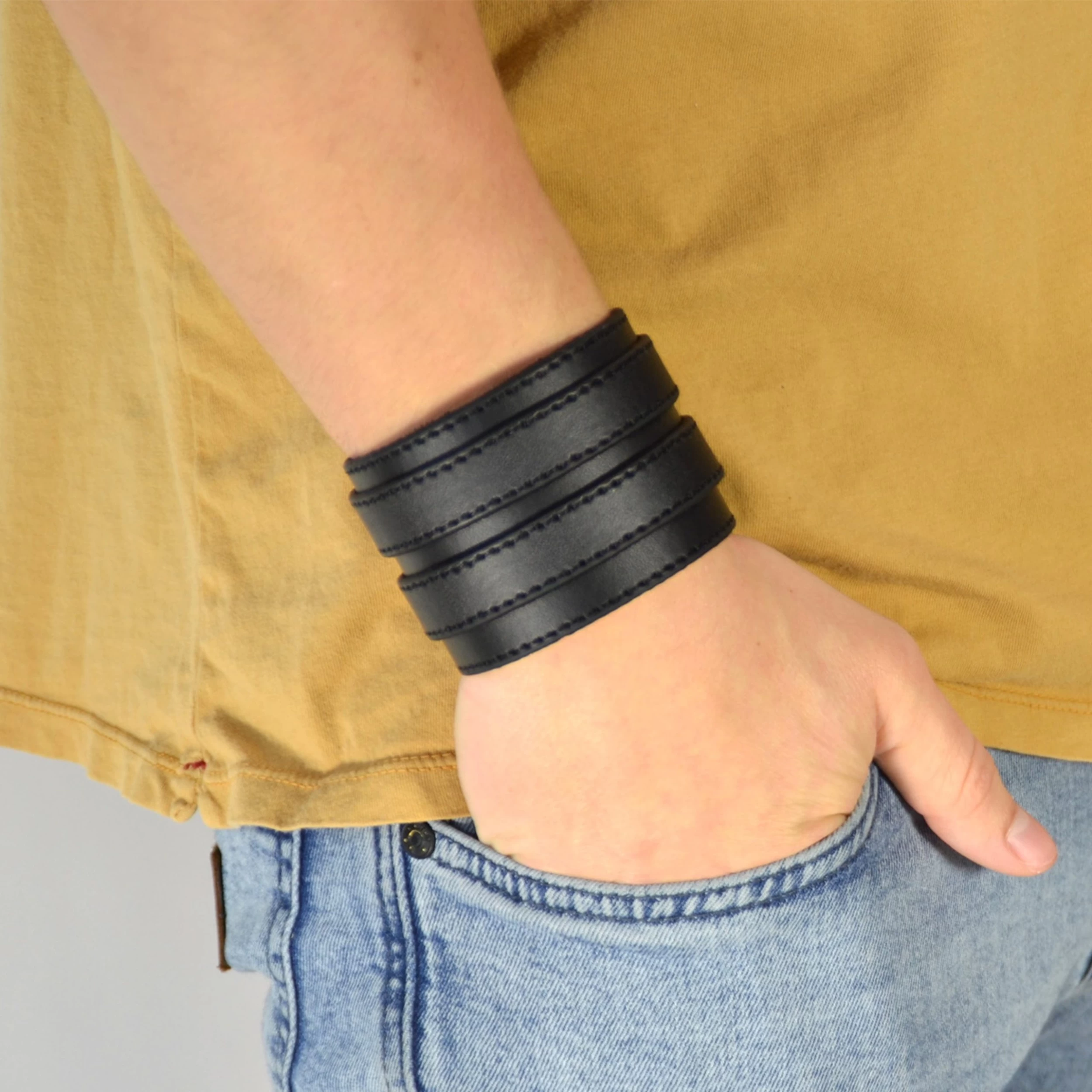 Simple Black Double Locked Leather Cuff Bracelet - Image 4