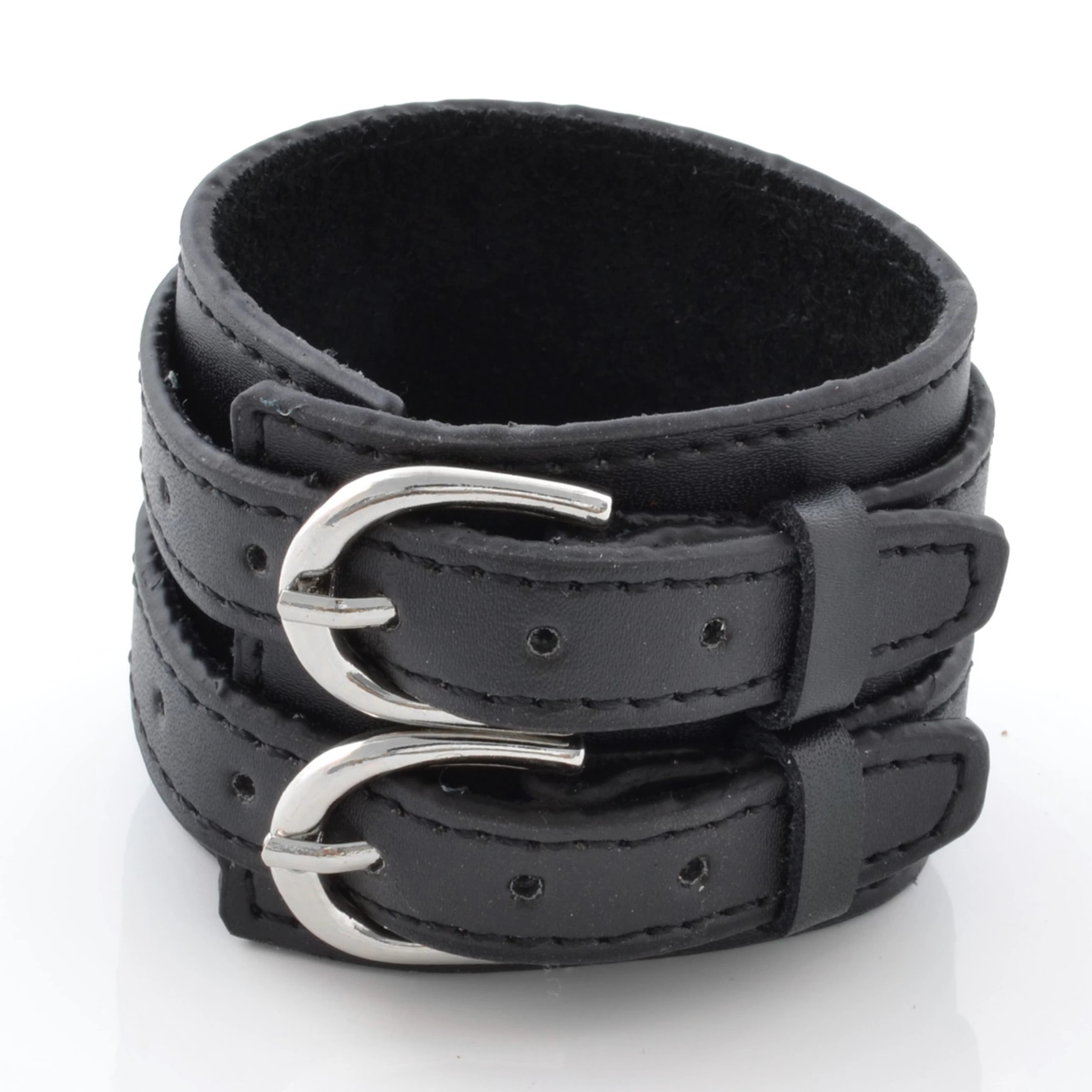 Simple Black Double Locked Leather Cuff Bracelet - Image 2