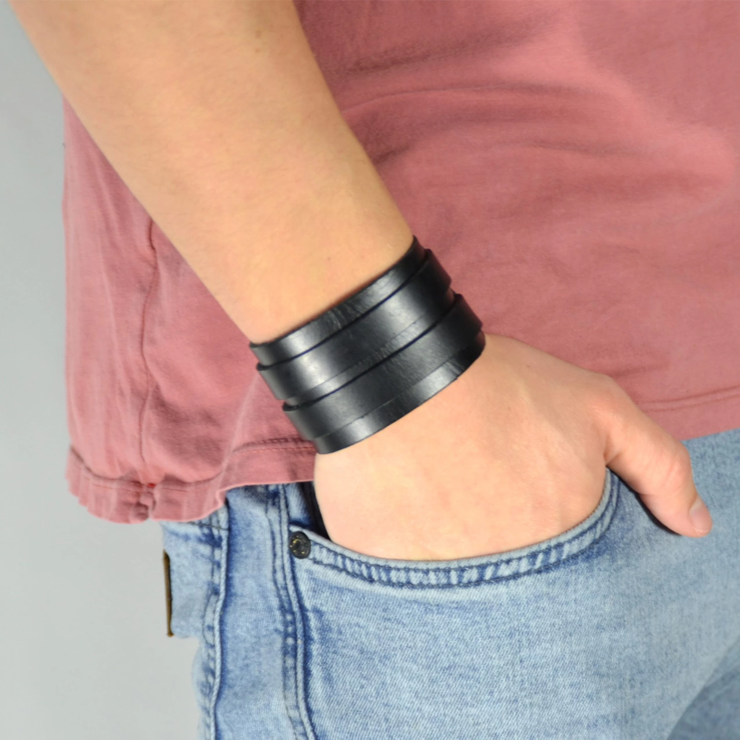 Classic Black Leather Cuff Bracelet - Image 3