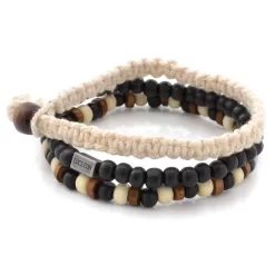 Black & Natural Wooden & Cotton Bracelet Set
