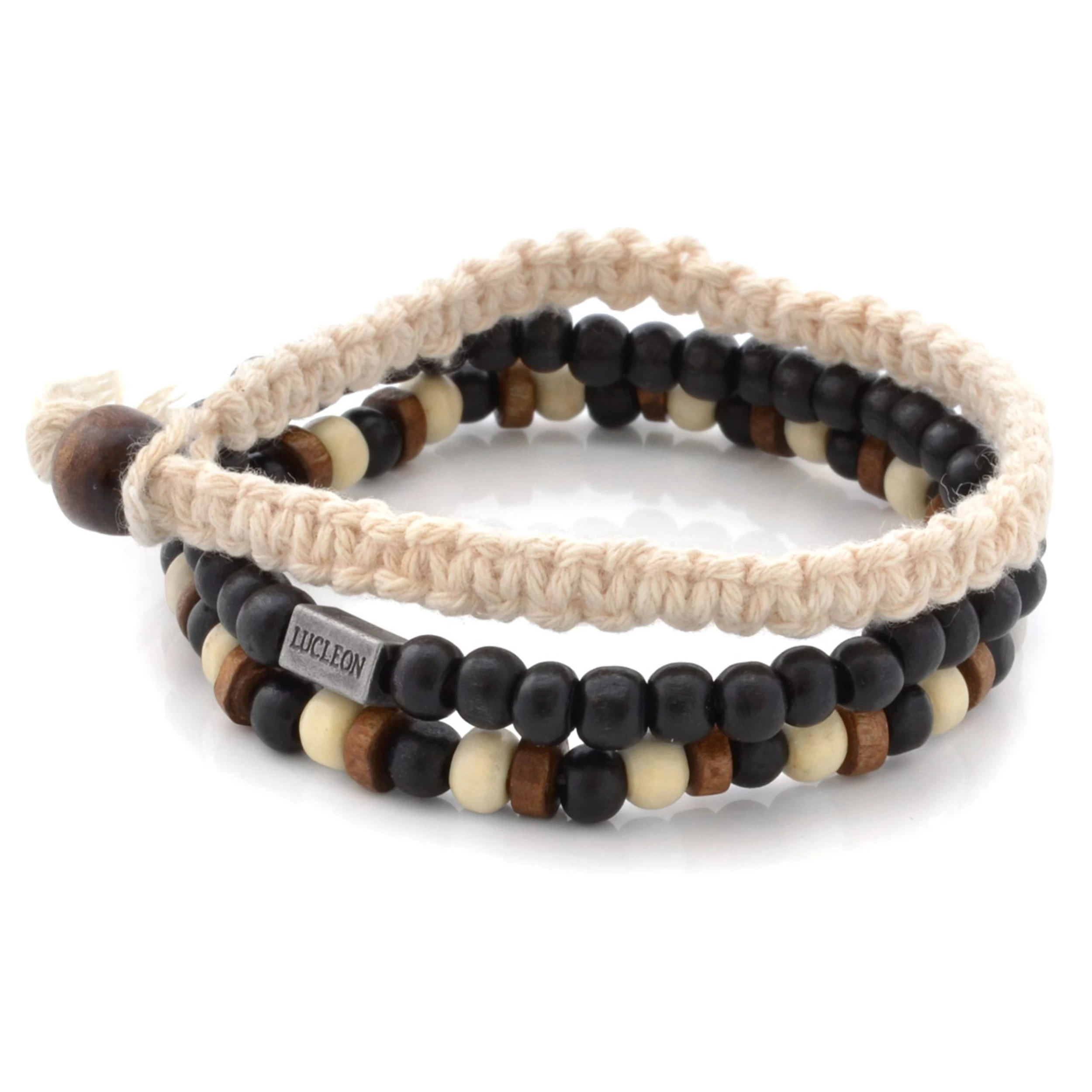 Black & Natural Wooden & Cotton Bracelet Set